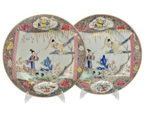 FOUR CHINESE EXPORT ‘FAMILLE-ROSE’ PORCELAIN ‘ROMANCE OF THE WESTERN CHAMBER’ PLATES, QING DYNASTY, YONGZHENG PERIOD, 1723 – 