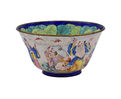A RARE CANTON ENAMEL ‘EIGHT IMMORTALS’ BOWL, ‘BA XIAN’, QING DYNASTY, EARLY 19TH CENTURYWell painted to the exterior with a c
