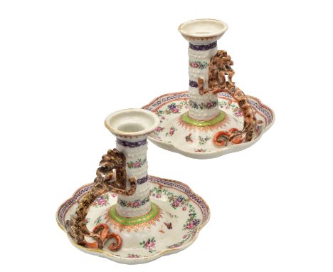 A PAIR OF CHINESE EXPORT ‘FAMILLE-ROSE’ PORCELAIN CHAMBER CANDLESTICKS, QING DYNASTY, QIANLONG PERIOD, 1736 – 1795Each of oct