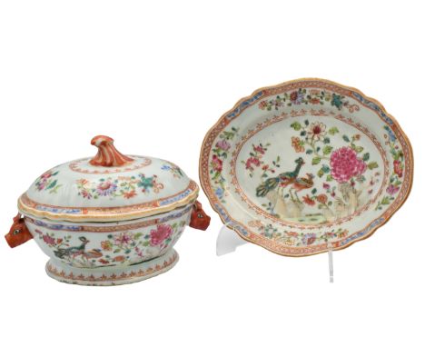 A SMALL CHINESE-EXPORT ‘DOUBLE-PEACOCK’ SAUCE TUREEN, COVER AND STAND, QING DYNASTY, QIANLONG PERIOD, 1736 – 1795Of shaped ov