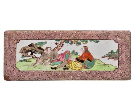 A CANTON ENAMEL RECTANGULAR EUROPEAN-SUBJECT PLAQUE, QING DYNASTY, QIANLONG PERIOD, CIRCA 1750Painted with two European figur