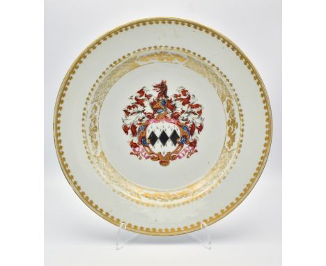 A CHINESE EXPORT ‘FAMILLE-ROSE’ PORCELAIN ARMORIAL PLATE, QING DYNASTY, QIANLONG PERIOD, CIRCA 1745Painted to the centre with