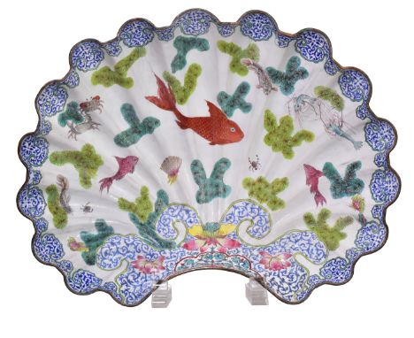A LARGE CANTON SHELL-SHAPED WATER BASIN, QING DYNASTY, QIANLONG PERIOD, CIRCA 1750Modelled in the form of scallop shell raise