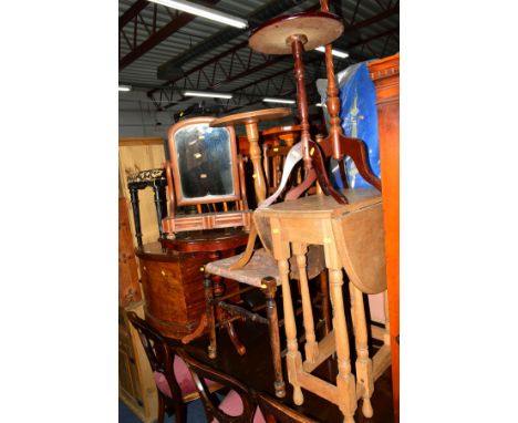 A QUANTITY OF OCCASSIONAL FURNITURE to include a Victorian walnut commode, an oak drop leaf occasional table, two oak open bo