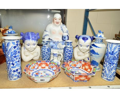 A GROUP OF CHINESE STYLE CERAMIC OBJECTS to include a seated Bhudist figure, approximate height 42cm, a pair of opium den pil