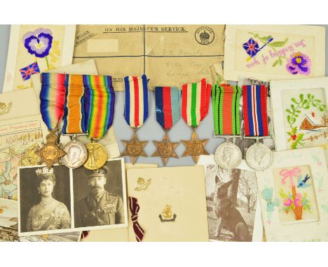 A FATHER AND SON FAMILY GROUP OF MEDALS, with paperwork etc, WWI 1914-15 Star trio, named to SE1250 Pte H.T. Barnaby, AVC (Ar