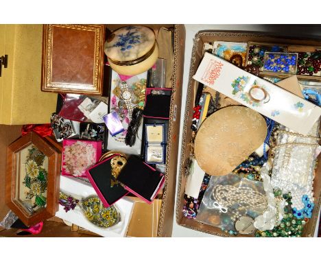 A BOX OF COSTUME JEWELLERY to include two quartz necklaces, a Sphinx pendant, an enamel Dolphin brooch by Fish, enamel drop e