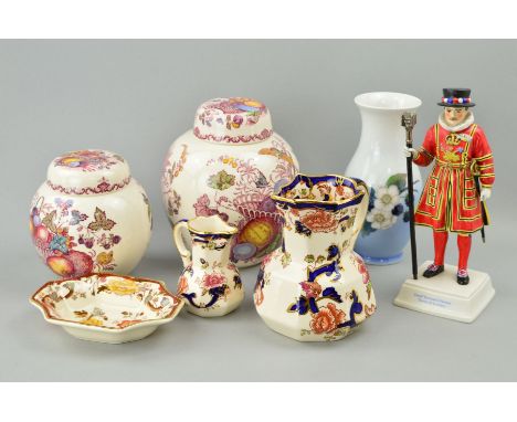 A SMALL GROUP OF CERAMICS, to include Mason's 'Mandalay' jugs, height 14cm and 9cm, 'Fruit Basket' ginger jars, heights appro