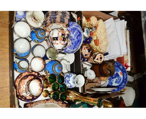 TWO BOXES OF CERAMICS, LINEN, GLASS, etc to include Royal Albert china tea wares, Japanese eggshell tea set, a Continental gl
