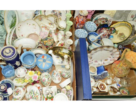 FOUR BOXES OF ASSORTED CERAMICS, etc to include a restored Charlotte Rhead pitcher, Royal Crown Derby, Doulton Series Ware bo