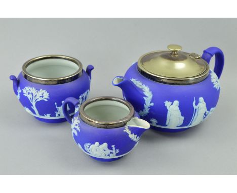 A THREE PIECE WEDGWOOD JASPERWARE TEA SERVICE, with plated collars and lid (3)