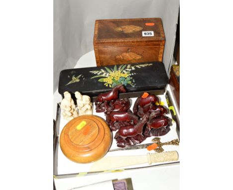 AN INLAID TEA CADDY, (s.d) a lacquered glove box and a tray of sundries, to include seven oriental horses etc