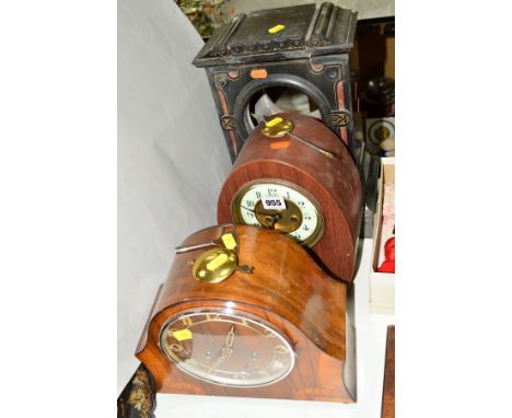 TWO MANTLE CLOCKS, both with pendulum, one key, together with a slate clock case (sd) (3)