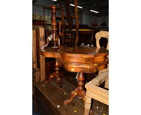 THREE HARDWOOD CONTINENTAL TRIPOD TABLES (sd), together with a modern whatnot (4)