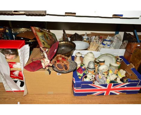 THREE BOXES AND A QUANTITY OF LOOSE ITEMS to include Toby character jugs, pearly King, Pearly Queen etc, musical ornaments, R