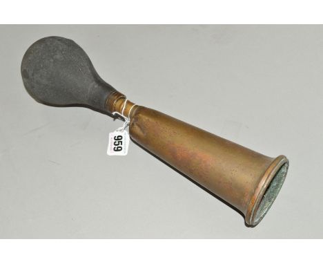 A LUCAS KING OF THE ROAD MOTOR HORN, No 63, brass horn with rubber bulb, Lucas plaque to horn, approximate length 33cm, some 