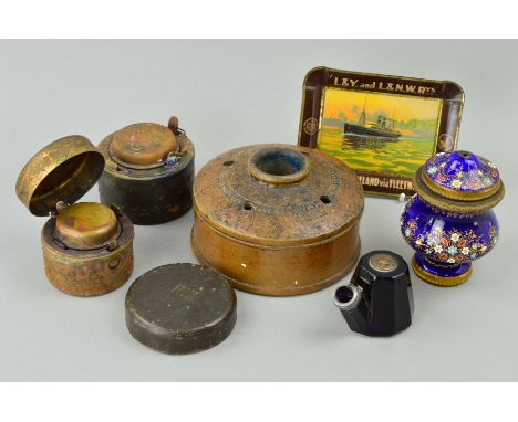 A 19TH CENTURY SALT GLAZED STONEWARE CIRCULAR INKWELL, impressed GWR, diameter approximately 12cm, (chips to base) together w