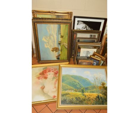 A QUANTITY OF PICTURES AND PRINTS, etc, to include contemporary oil on canvas landscape scene, a large framed print of Marily