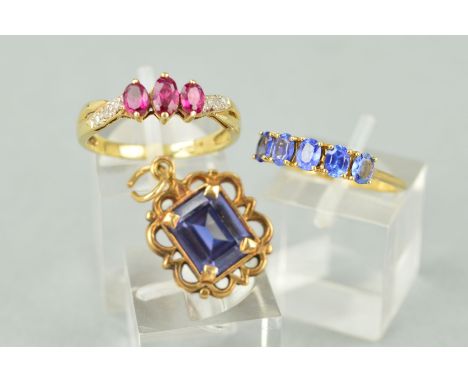 THREE ITEMS OF 9CT GOLD GEM JEWELLERY to include a three stone synthetic ruby ring with single cut diamond shoulders, ring si