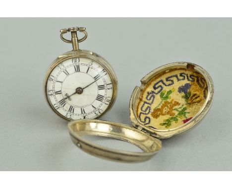 A GEORGE III PAIR CASED POCKET WATCH by W M Creak, London, numbered 6159, silver marks rubbed, enamel dial cracked, (with han