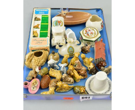 A SMALL TRAY OF WADE, CRESTED WARES, ORNAMENTS, etc, to include W.H. Goss Welsh Hat, boxed whimsies presentation pack No.11 B