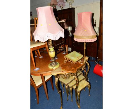 AN ONYX AND BRASS CONSOLE TABLE, a matching nest of three tables, a similar standard lamp and table lamp etc (5)