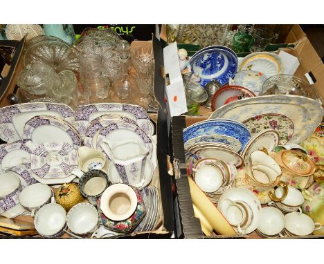 FOUR BOXES OF ASSORTED CERAMICS, GLASS ETC, to include Allertons 'Valencia' teawares, an Old Folley vase, blue and white dinn