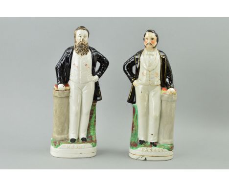 A PAIR OF VICTORIAN STAFFORDSHIRE POTTERY PORTRAIT FIGURES, of Moody and Sankey, each standing with hand resting on a book an