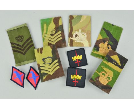 A NUMBER 10 OF BRITISH ARMY SHOULDER RANK UNIT PATCHES, a follows, warrant officer/Staff Sgt rank slides, Unit ID patches (Lo