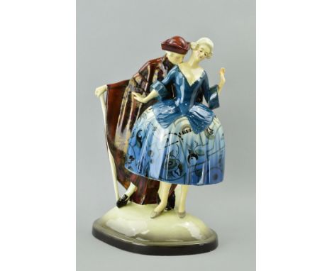 A GOLDSCHEIDER FIGURE GROUP LAMP BASE, courting couple, printed backstamp and impressed No 5517, 370, 11 to base, height 39cm