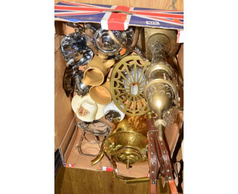 A BOX OF METALWARE, CERAMICS, ETC, to include three piece plated tea service, brass kettle, brass trivet, bellows etc