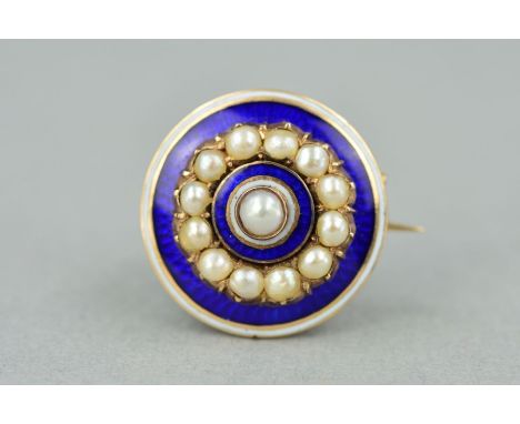 A MID VICTORIAN GOLD ENAMEL AND SPLIT PEARL BROOCH, of circular outline, the central split pearl within a blue and white enam