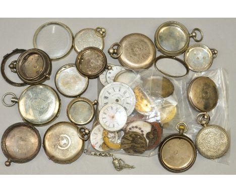 A SELECTION OF POCKET WATCH CASES AND PARTS to include cases with engine turned decoration, engraved monogram, central engrav