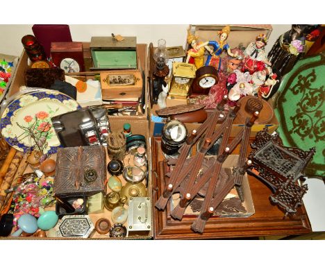 THREE BOXES AND LOOSE SUNDRY ITEMS, to include treen, a cuckcoo clock (in need of restoration), Waterman Skyliner and Inoxcro