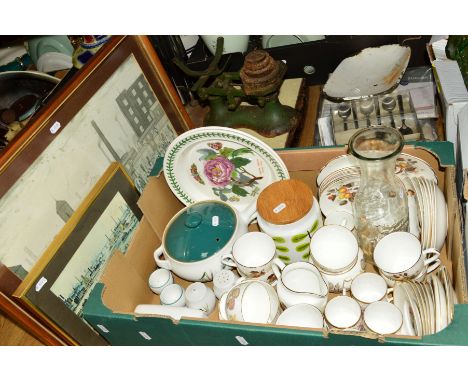 A BOX AND LOOSE CERAMIC, SUNDRY ITEMS etc, to include Royal Worcester coffee cans and saucers, Wedgwood teawares, Elizabethan