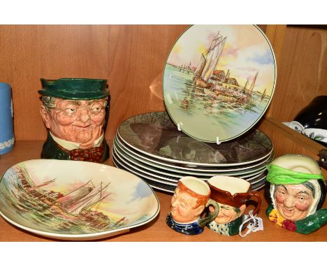 A GROUP OF ROYAL WORCESTER CHARACTER JUGS AND PLATES, to include 'Olde Charley' D6046, 'Fat Boy' D6139, 'Sairey Gamp' D5528, 