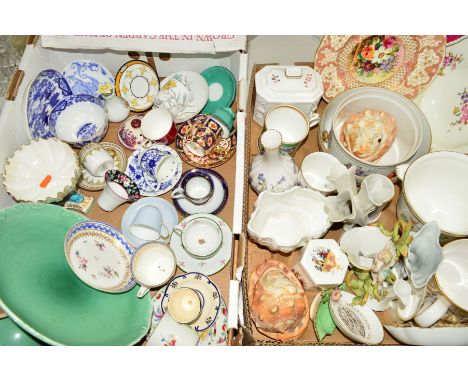 TWO BOXES OF VARIOUS CERAMICS, SHELLS, etc, to include Royal Crown Derby, Royal Worcester, Minton, Spode 'The Kells Tankard',