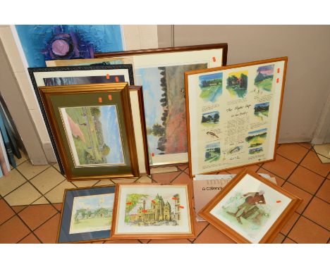A SMALL GROUP OF PICTURES AND PRINTS, to include a blue and purple abstract oil on board, signed Nance bottom right, approxim