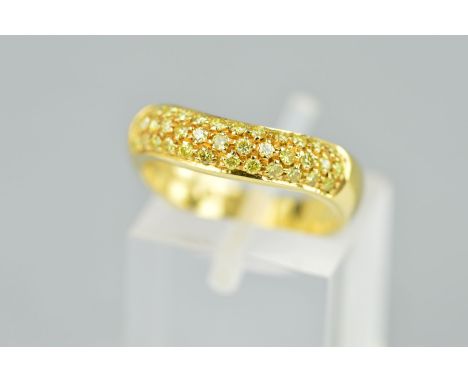 A MODERN 18CT GOLD PICCHIOTTI PAVE SET YELLOW DIAMOND HALF ETERNITY RING, smile design, yellow diamonds assessed as treated c