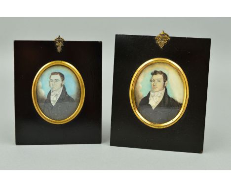 TWO EARLY 19TH CENTURY OVAL PORTRAIT MINIATURES OF GENTLEMEN, both with white neckerchiefs and black coats, both appear to be