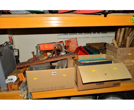THREE WOODEN CRATES, TWO CARDBOARD BOXES AND LOOSE containing various vintage hand tools, Wolf bench sander, car workshop man