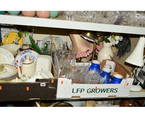 THREE BOXES AND LOOSE SUNDRY ITEMS to include Wedgwood and Booths dinnerwares, cut glass, graduating ceramic jugs decorated w