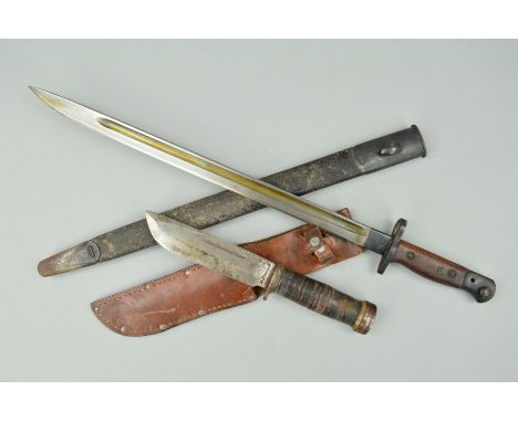 A WWII ERA U.S. MADE 'CATTARAUGUS' KNIFE, in its leather scabbard, blade is marked with makers name and 225Q, washed leather 