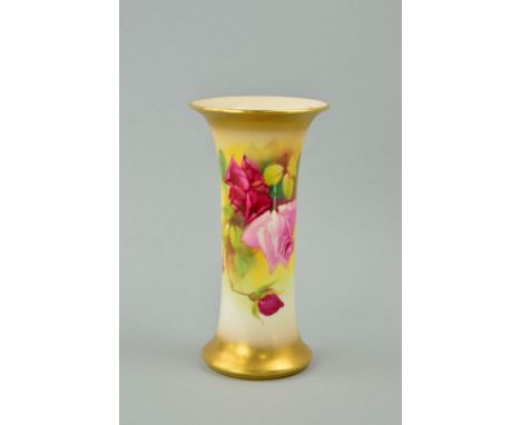 A SMALL ROYAL WORCESTER VASE, handpainted with roses, signed 'Spilsbury', puce backstamp and G923, approximate height 15.5cm