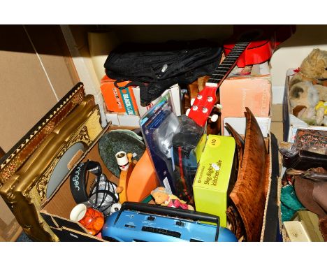 TWO BOXES AND LOOSE SUNDRY ITEMS, to include a Yamaha FG-25 Ukulele, Black &amp; Decker sander, Poole Pottery vase, kitchen s