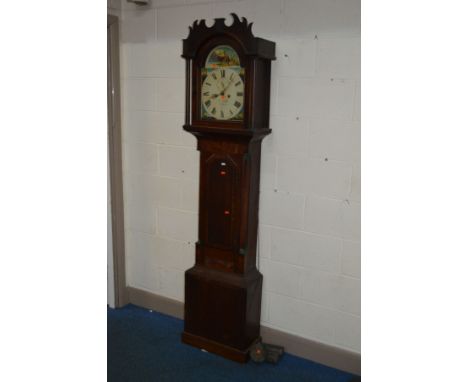 A GEORGE III OAK , MAHOGANY BANDED AND INLAID EIGHT DAY LONGCASE CLOCK, the painted dial with Roman numerals and seconds dial