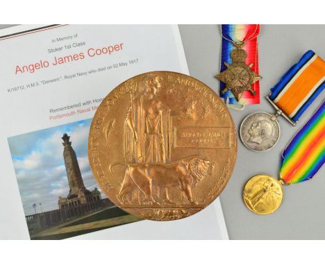 A WWI 1914-15 STAR TRIO OF MEDALS, together with Memorial Death plaque to a Royal Navy Sailor KIA when his ship was sunk by G