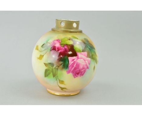A ROYAL WORCESTER POT POURRI VASE of globular form, with rose painted decoration, puce backstamp and No 1039 to base, missing