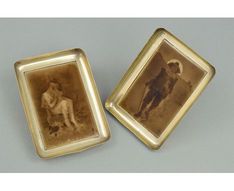 A PAIR OF GEORGE V ASPREY SILVER RECTANGULAR FRAMED CERAMIC PLAQUES, the sepia glazed Sherwin &amp; Cotton plaques titled 'Th