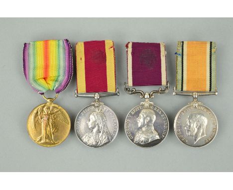 A VICTORIAN/WWI GROUP OF FOUR MEDALS, as follows, China War medal 1900 named to 98227 Serjt Farrier T.W. Webb, three B. (Batt